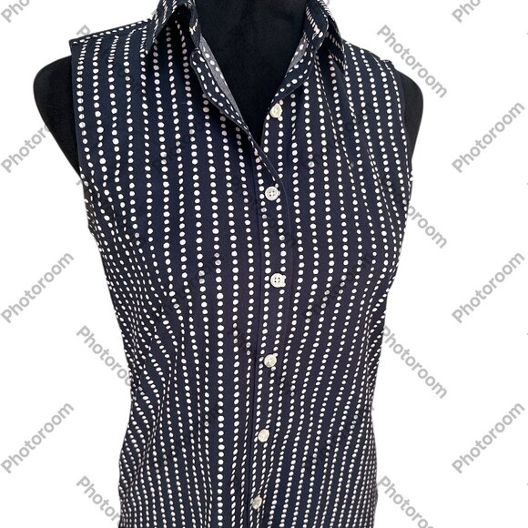 Lands' End Size 4 Navy & Purple Polka Dot Stripes Button Sleeveless Shirt - Picture 1 of 6
